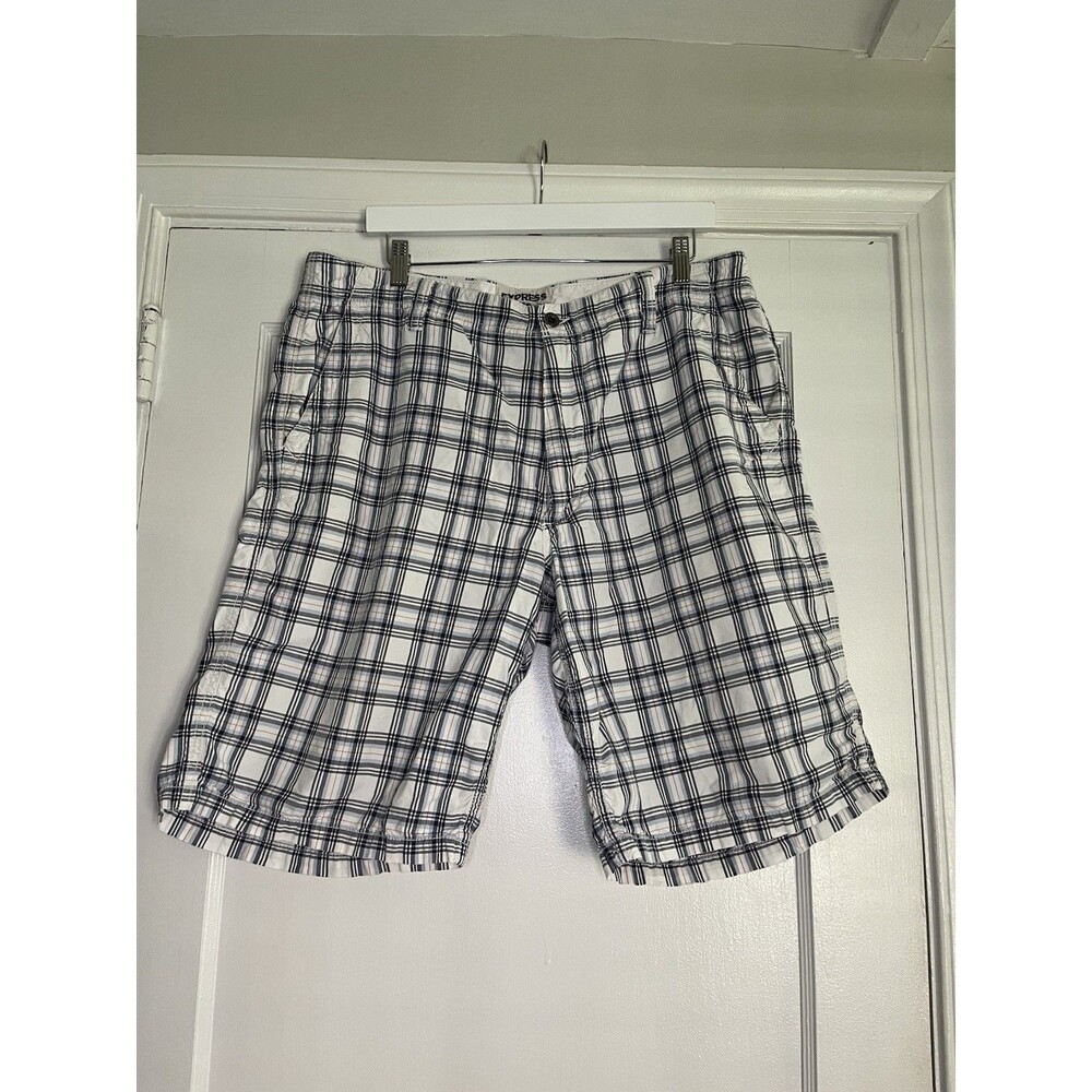 Express Chino Men's Plaid Shorts, White Blue Orange, Cotton, Button, Pockets